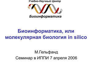 Биоинформатика, или молекулярная биология in silico М.Гельфанд Семинар в ИППИ 7 апреля 2006