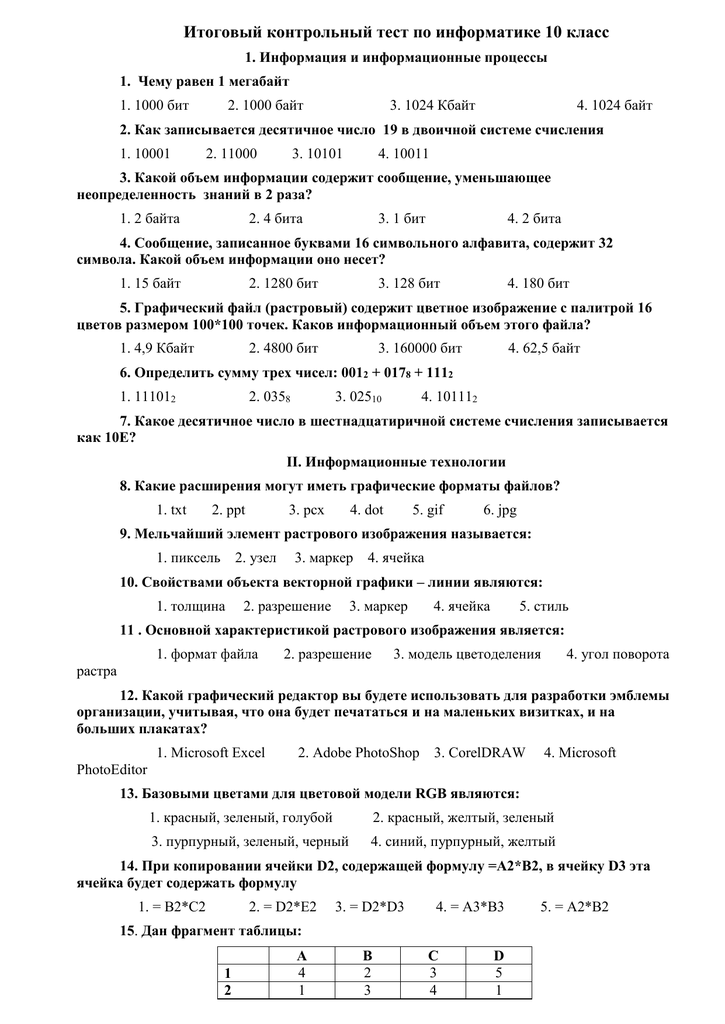 Шпаргалка: Тесты по информатике с ответами Вариант 1