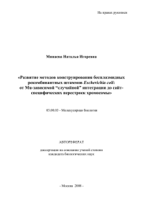 «Развитие методов конструирования бесплазмидных Escherichia coli от Mu-зависимой “случайной” интеграции до сайт-