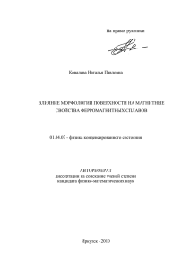 На правах рукописи Ковалева Наталья Павловна ВЛИЯНИЕ МОРФОЛОГИИ ПОВЕРХНОСТИ НА МАГНИТНЫЕ