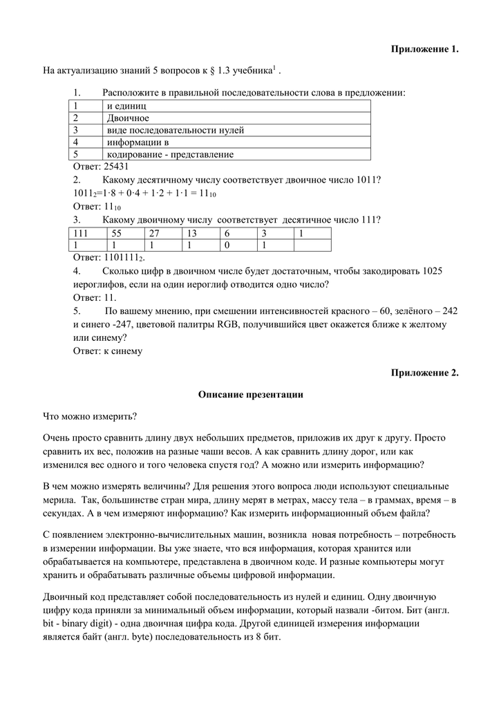 Приложение 1. На Актуализацию Знаний 5 Вопросов К § 1.3 Учебника.