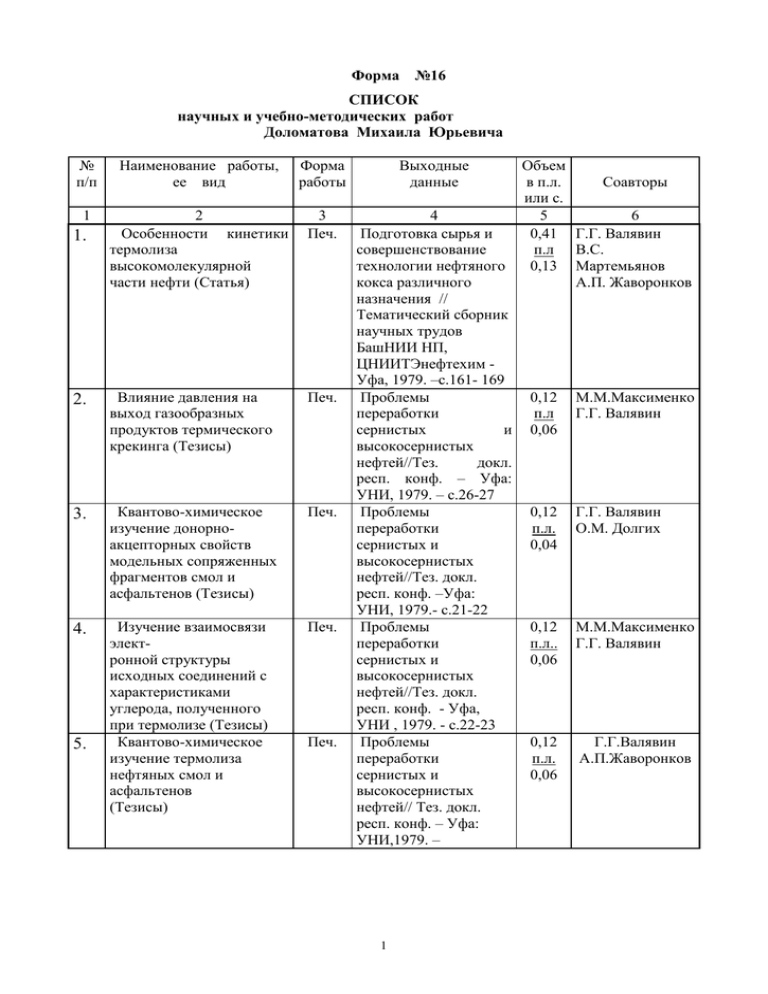 16 списки. Список трудов форма 16. Список научных публикаций форма 16. Форма 16 научные труды. Форма 16 публикации.