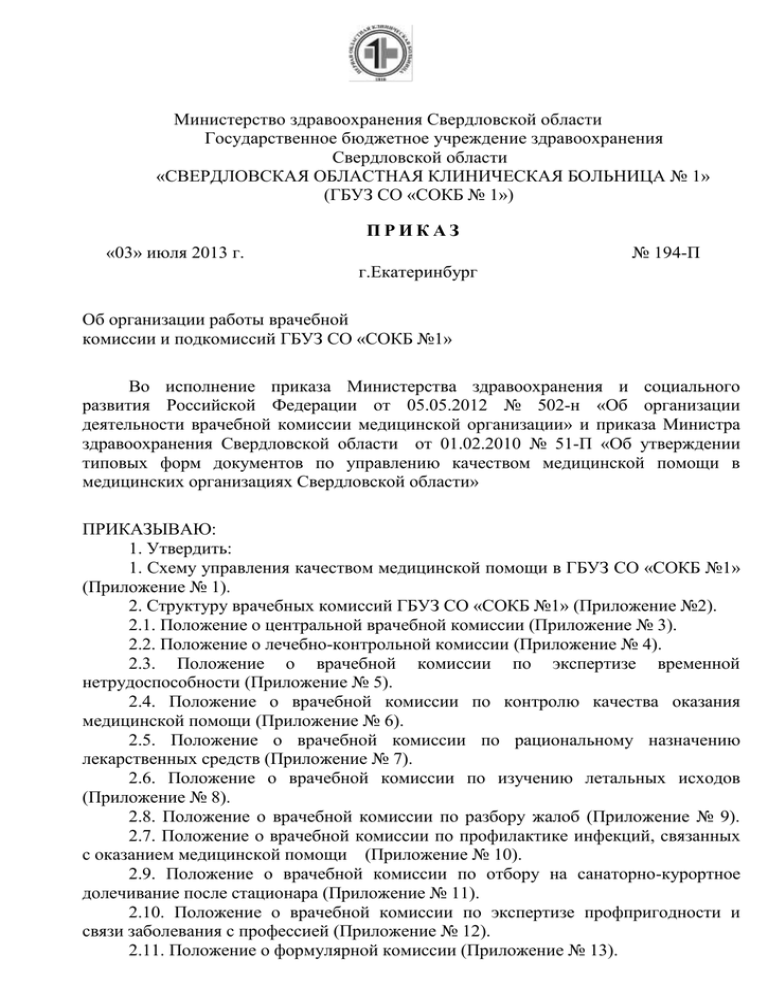 Приказ о создании врачебной комиссии медицинской организации образец