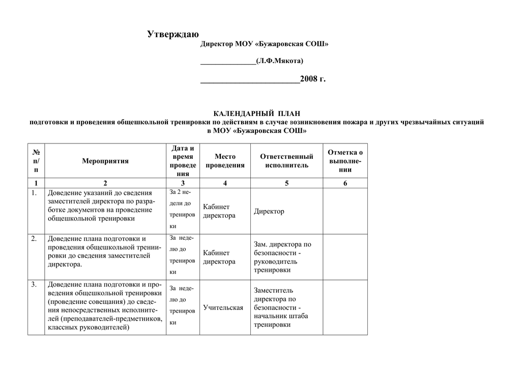 Годовой график проведения тренировок по эвакуации людей при пожаре образец