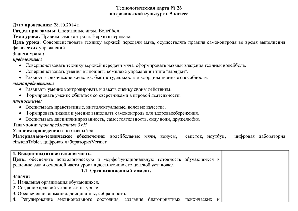 Технологическая карта по физической культуре 5 класс по фгос