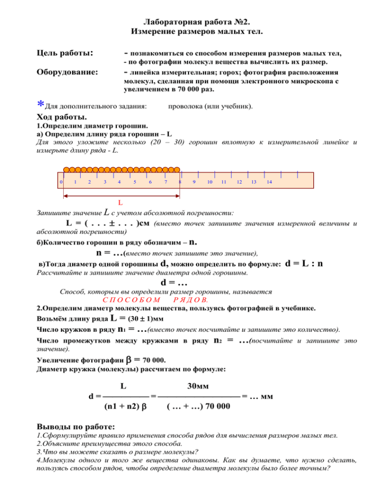 Способом рядов. Лаб.р. №2 «измерение размеров малых тел». Лабораторная работа №2 