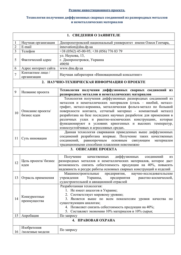 Резюме инвестиционного проекта