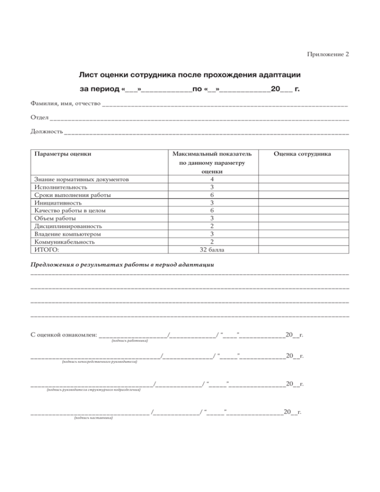 План контроля и оценки работы нового сотрудника