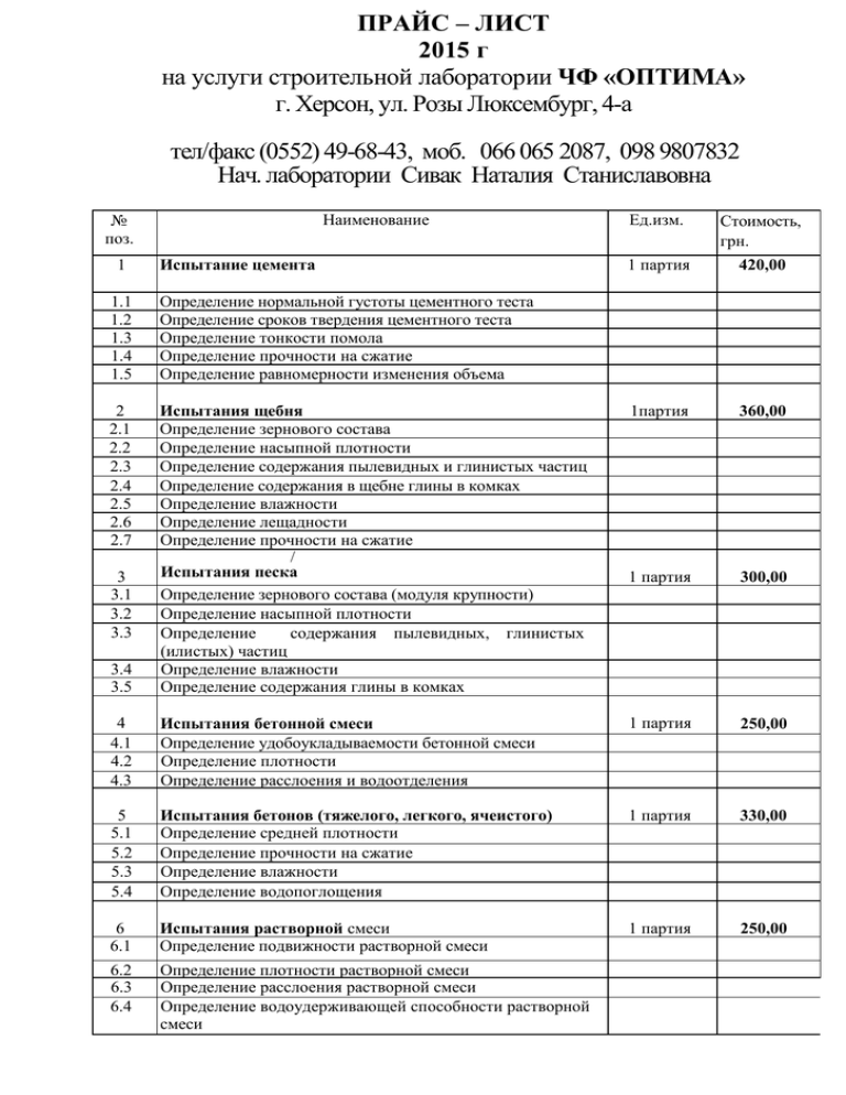 Прайс лист лаборатории. Прейскурант лаборатории. Прайс лист строительной лаборатории. Прейскурант на испытания строительных материалов.