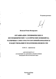 Ясенков Роман Валерьевич ОРГАНИЗАЦИЯ СПЕЦИФИЧЕСКИХ И НЕСПЕЦИФИЧЕСКИХ ТАЛАМИЧЕСКИХ ВЛИЯНИЙ НА