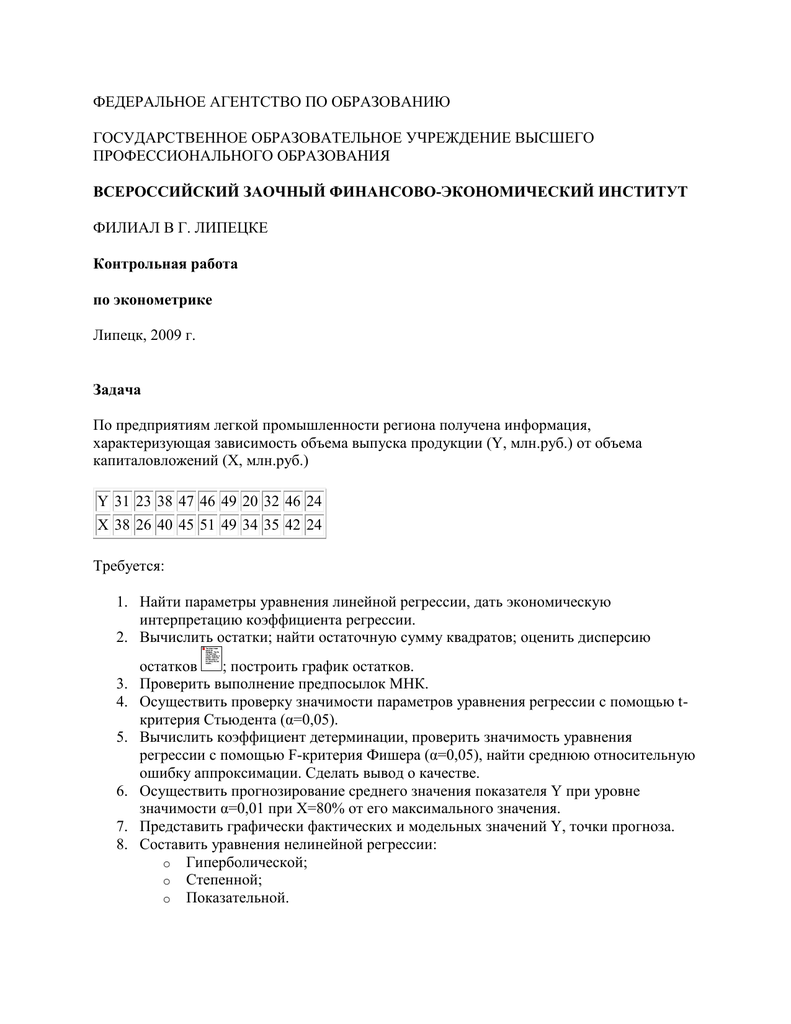Контрольная работа по теме Методы решения уравнений линейной регрессии