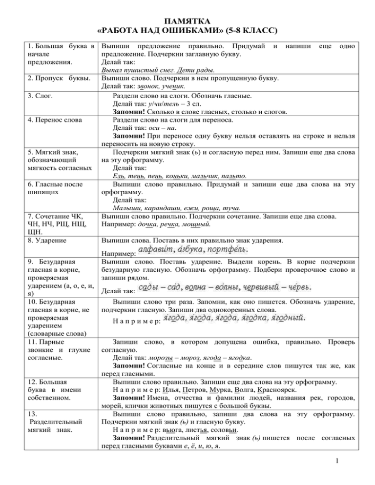 Работа над ошибками по русскому 1 класс образец