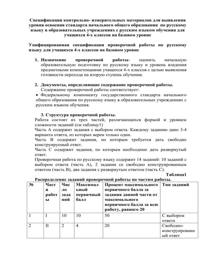 Спецификация контрольной работы 2 класс математика. Спецификация контрольной работы.