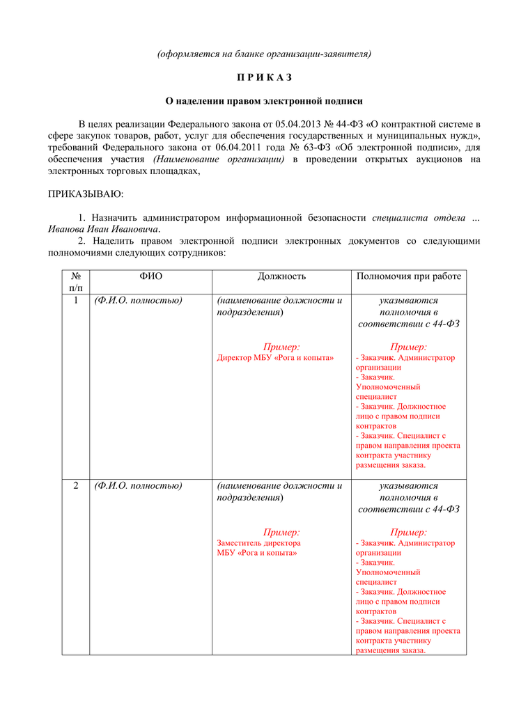 Приказ о передаче эцп другому лицу образец