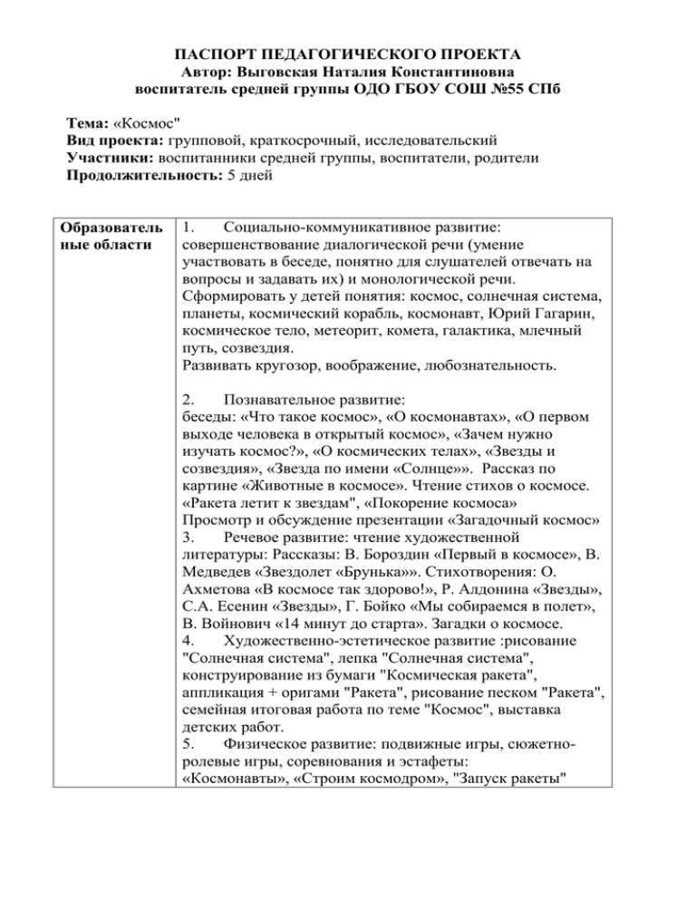 Паспорт педагогического проекта средняя группа