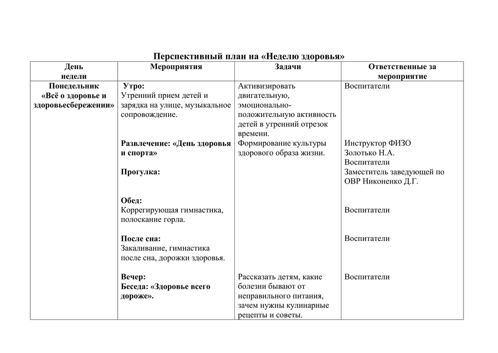 Перспективный план по здоровьесбережению в старшей группе