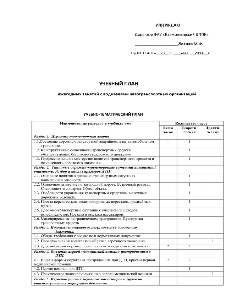 Учебно тематический план ежегодных занятий с водителями 20ч образец