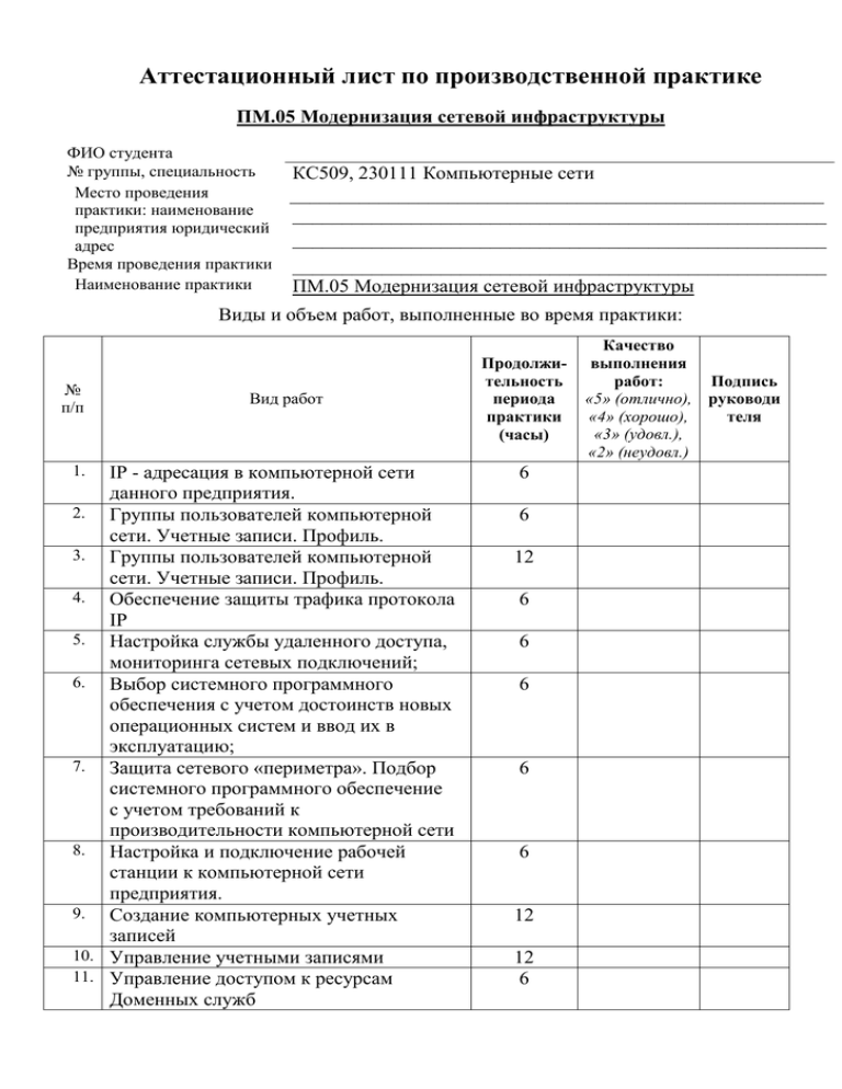 Аттестационный лист по учебной практике образец заполнения