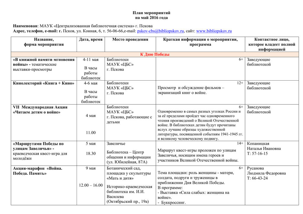 План мероприятий в библиотеке май