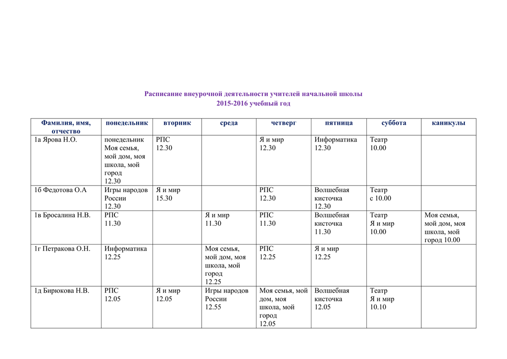 Расписание внеурочной деятельности в школе образец