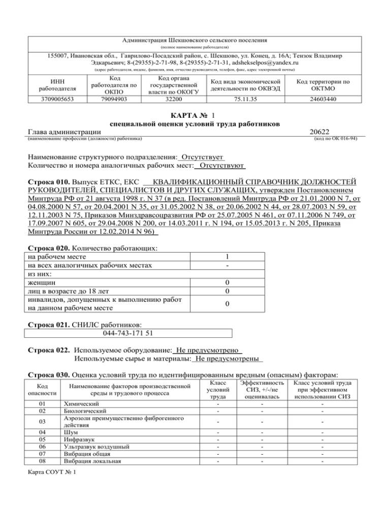 Карта рабочего места образец