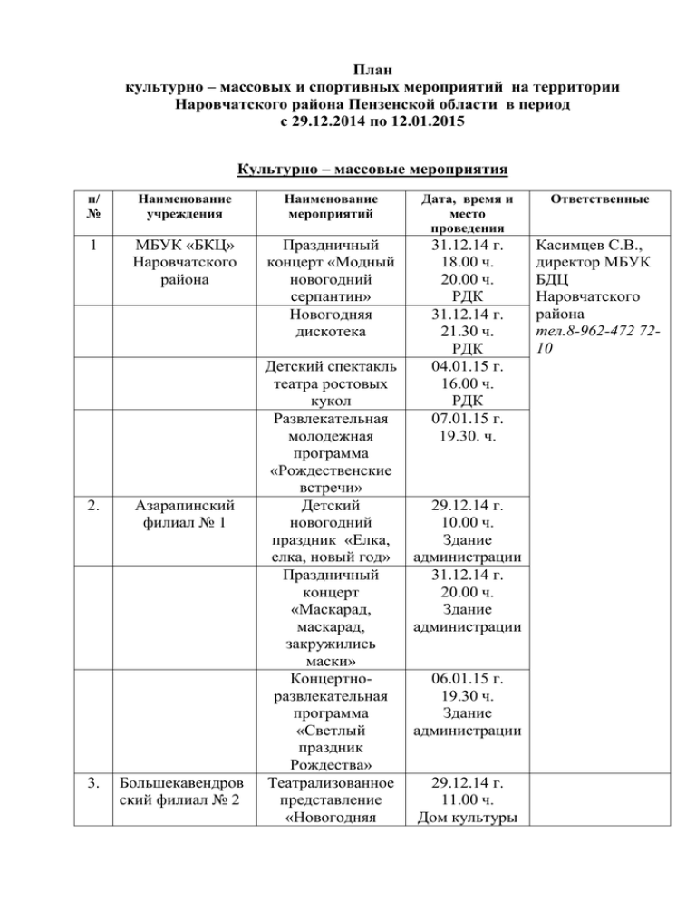 План культурно досуговых программ