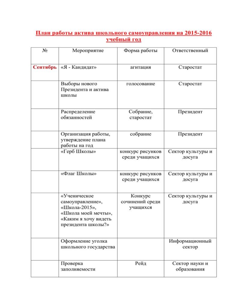 План работы с активом школы