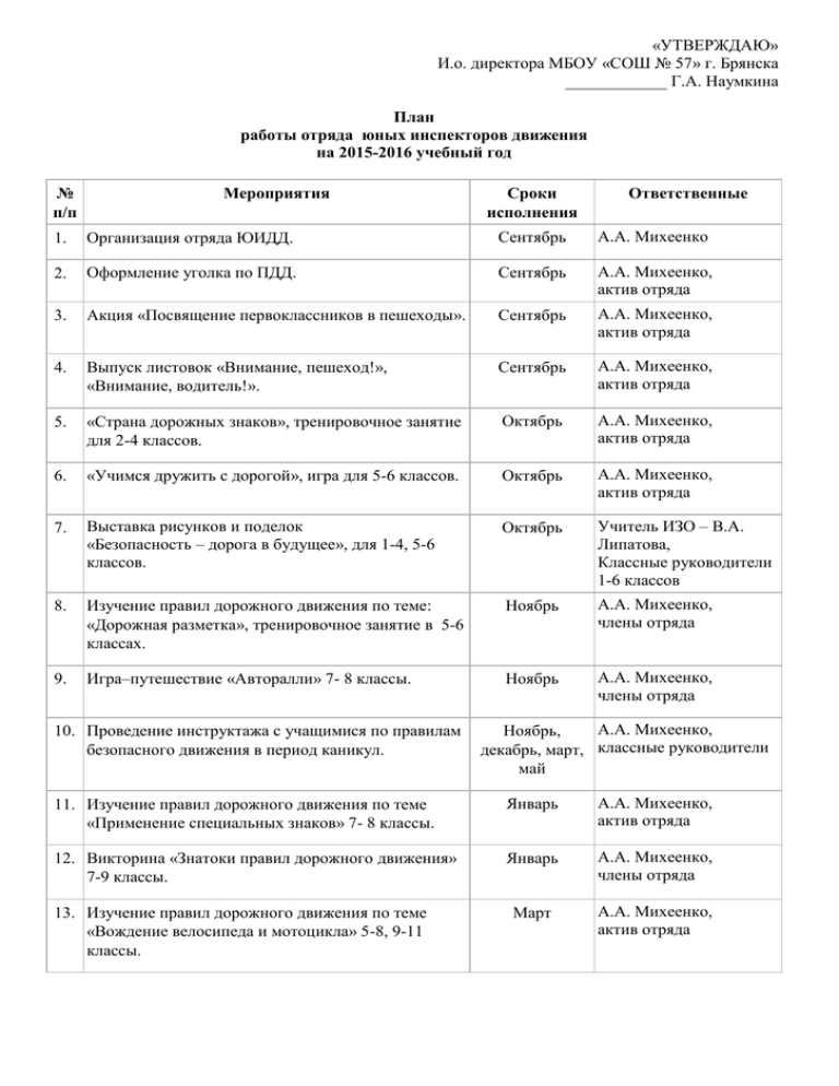 План работы отряда юид в школе