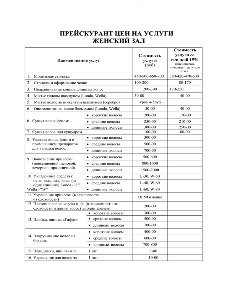 Прейскурант парикмахерской образец