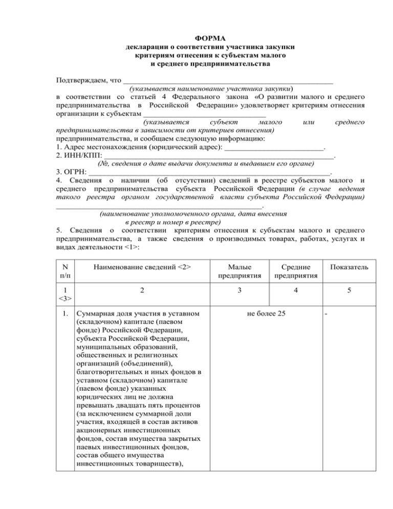 Декларация участника закупки. Декларация соответствия субъектам малого предпринимательства. Декларация МСП образец заполнения. Декларация о Малом и среднем предпринимательстве.