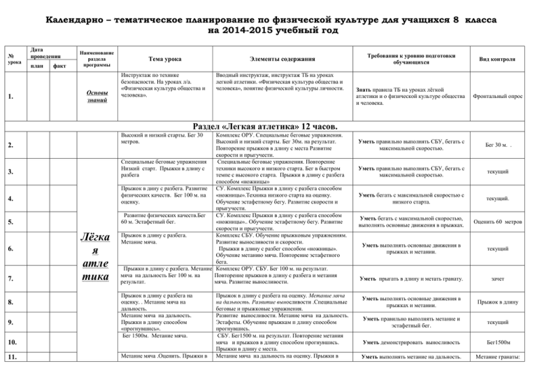 Календарно тематический план по физической культуре 9 класс