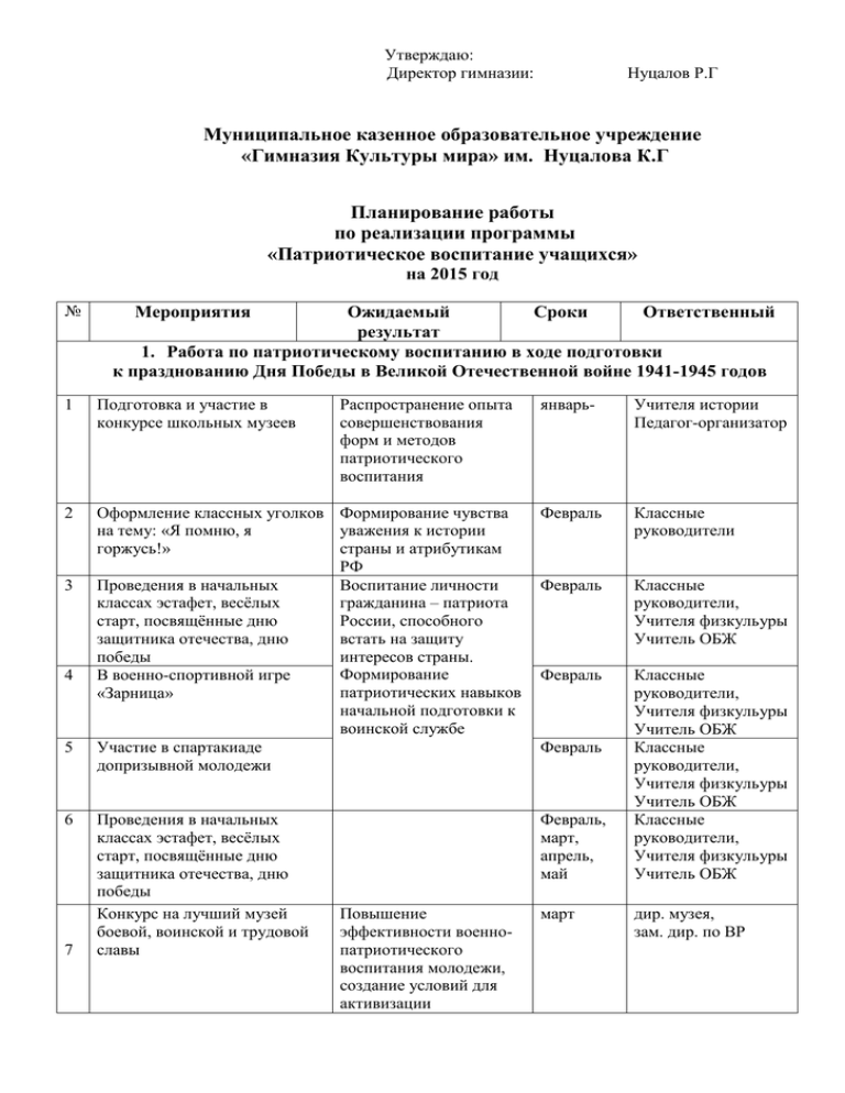 План патриотической работы в школе