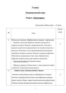 7 класс Тематический план Раздел: «Кулинария»