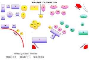 план зала «the corner pub» ТЕЛЕФОНЫ ДЛЯ ЗАКАЗА СТОЛИКОВ