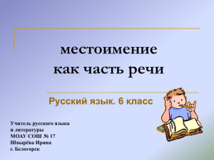 местоимение как часть речи Русский язык. 6 класс Учитель русского языка