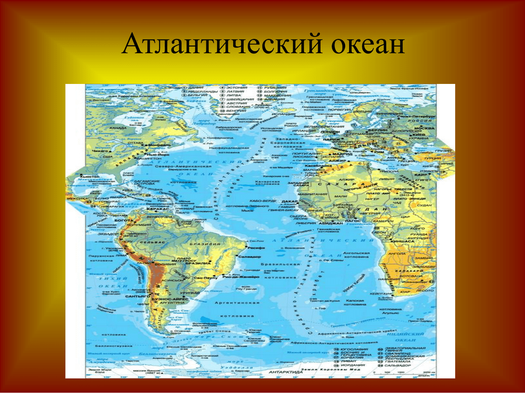 Атлантический океан самый большой остров. Физ карта Атлантического океана.
