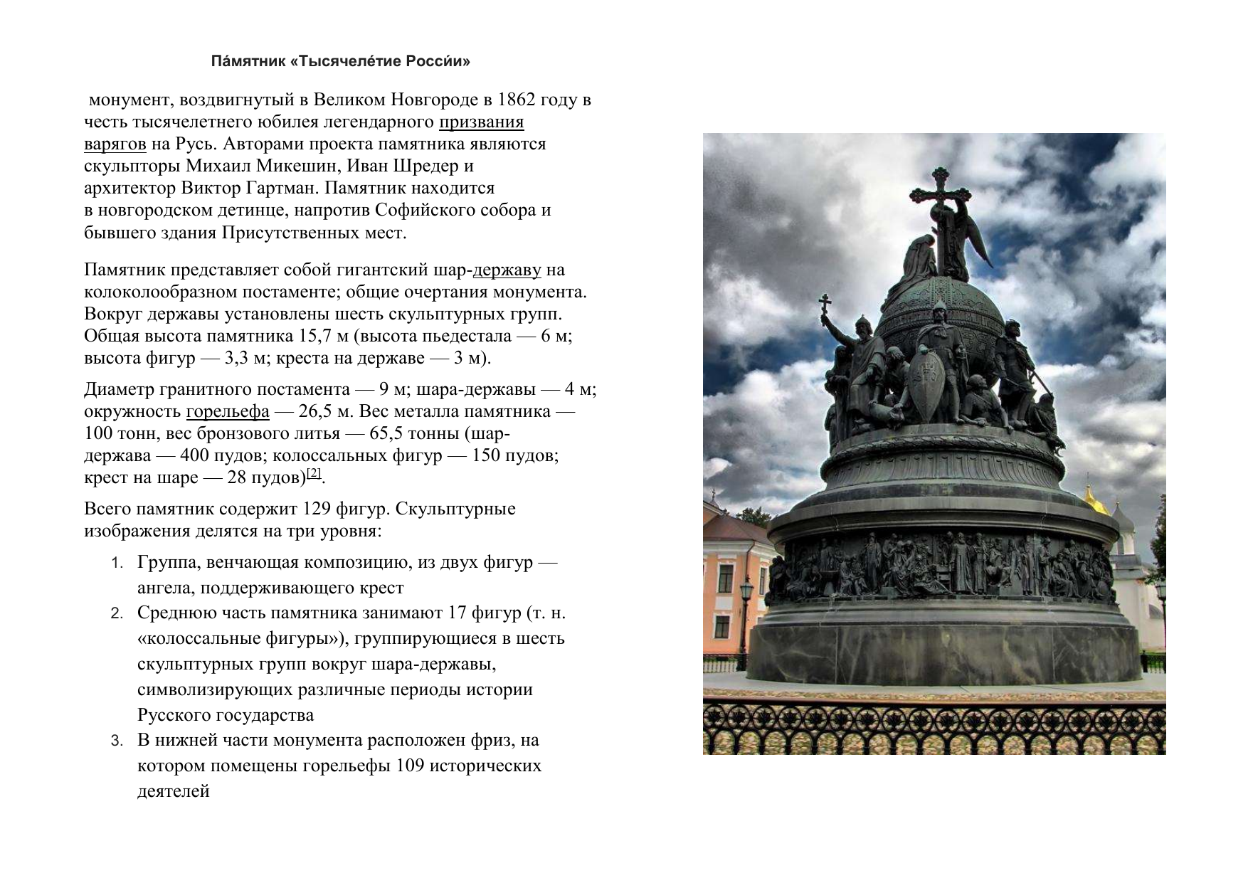 Памятник тысячелетия Руси в Великом Новгороде описание