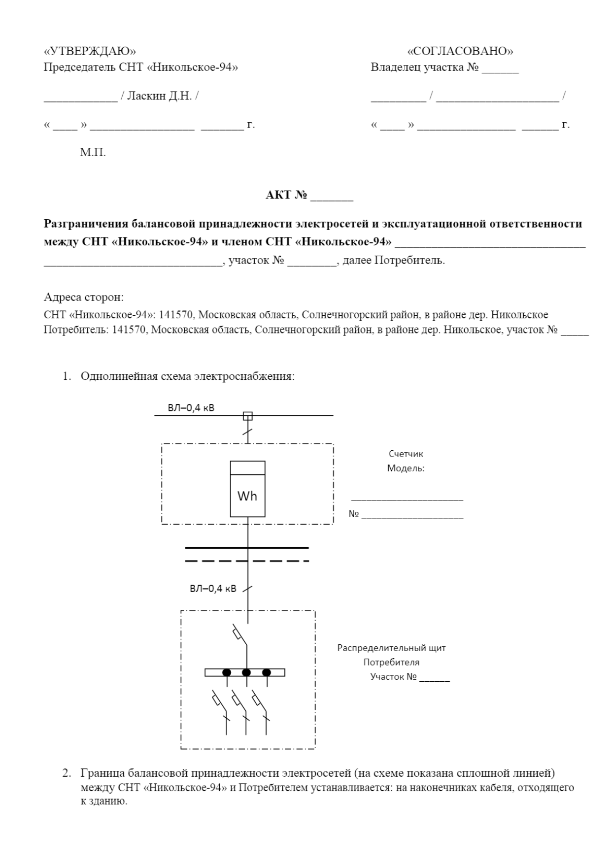 Акт границы балансовой принадлежности к электрическим сетям в СНТ