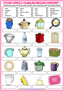 kitchen utensils vocabulary esl matching exercise worksheets for kids