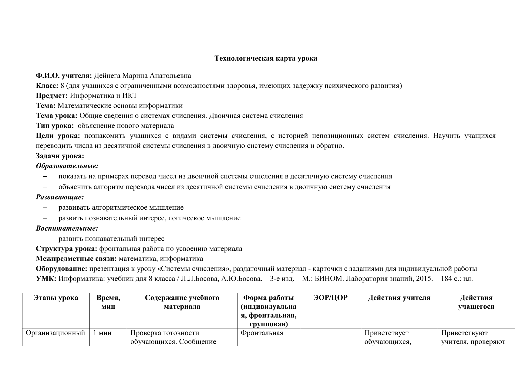 Технологическая карта урока системы счисления 8 класс