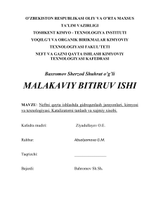 neftni qayta ishlashda gidrogenlash jarayonlari kimyosi va texnologiyasi